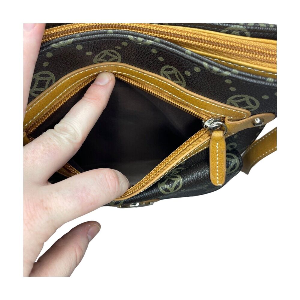 Fashion Shoulder Bag Cross Body Brown Printed PVC Vinyl Trim Adjustable Strap - Picture 6 of 12